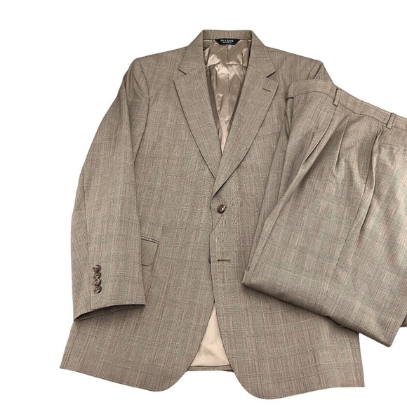 Jos A Bank Suit Men‎ 42L 35W 30L Brown Blue Prince Edward Plaid Stay Cool Wool - Picture 1 of 16